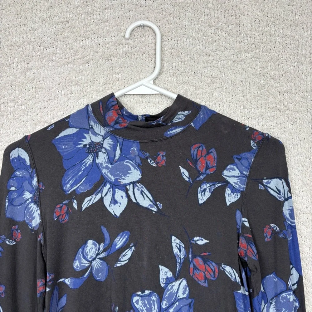 Free People Top‎ Womens Small Chocolate Printed Black Floral Long Sleeve Stretch